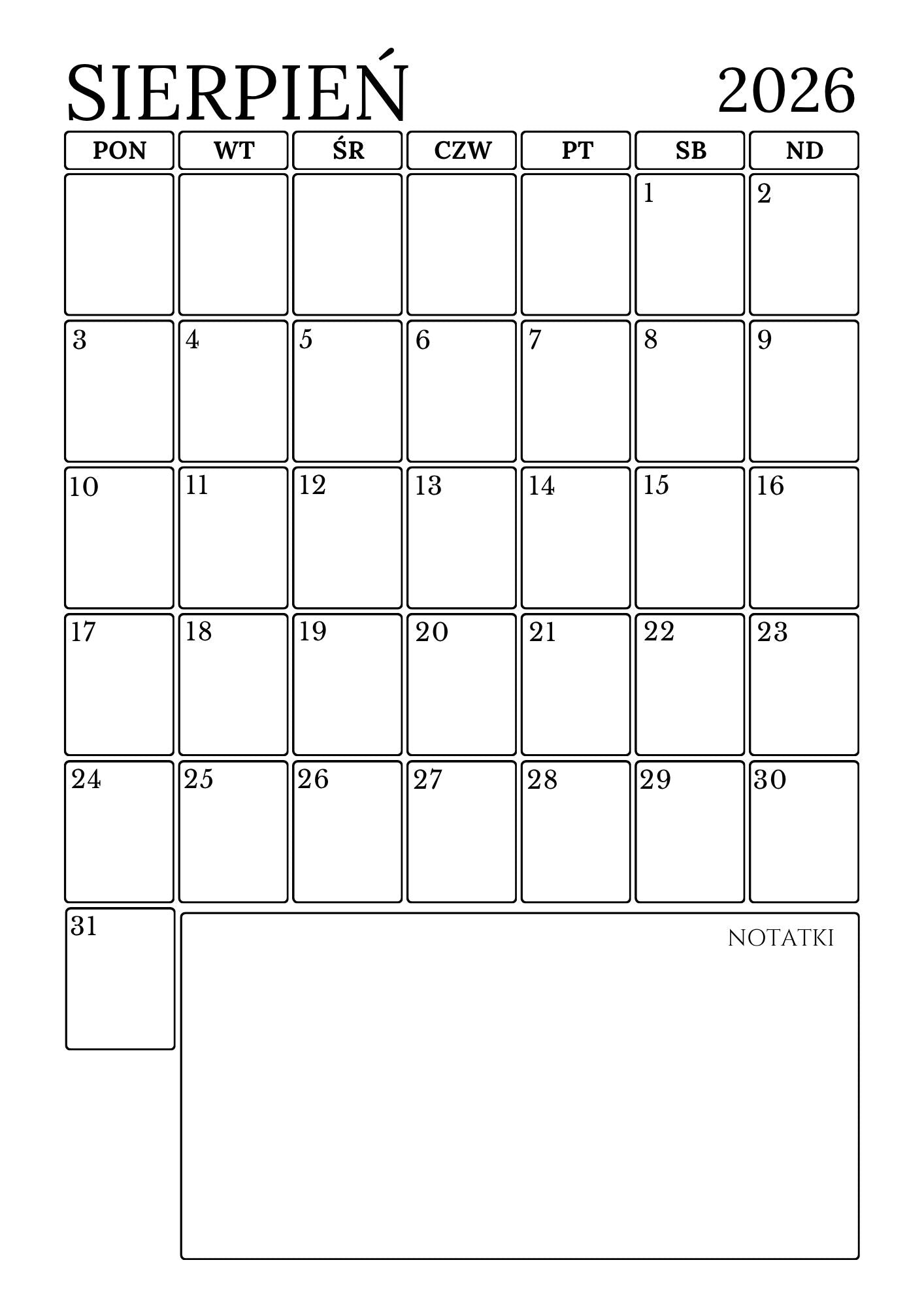 Minimalistyczny kalendarz - Darmowy mini planner do druku